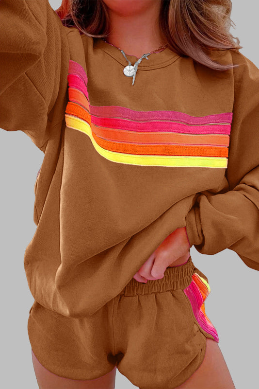 Jovie™ - Wygodny zestaw dresowy z paskami z okrągłym dekoltem i szortami