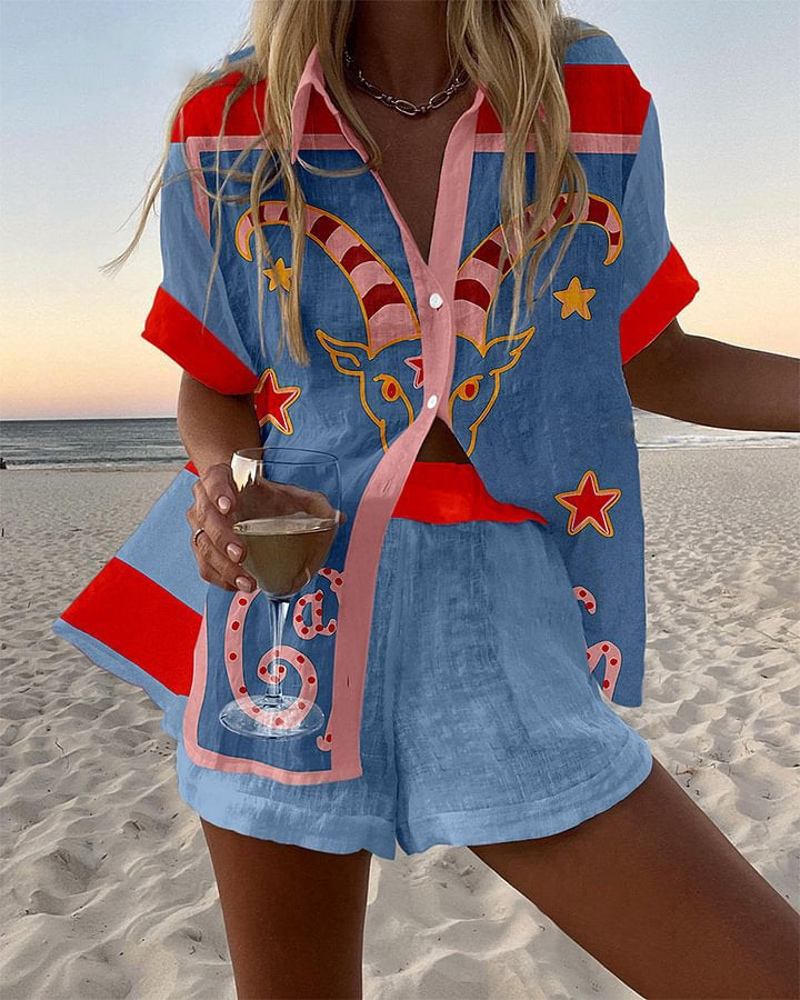 Jorelle™ | Krótki zestaw lniany z nadrukiem kozy