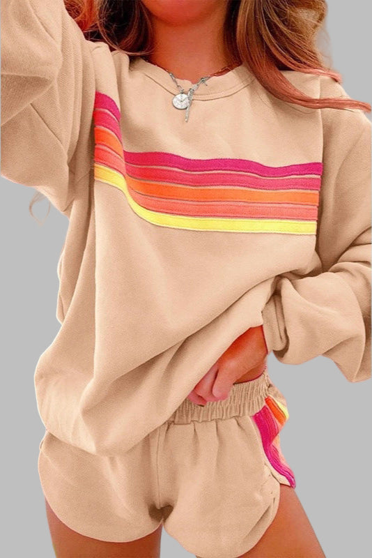 Jovie™ - Wygodny zestaw dresowy z paskami z okrągłym dekoltem i szortami