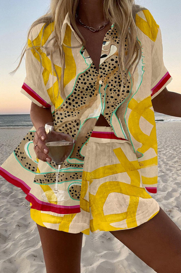 Casima™ | Krótki Zestaw Lniany z Wzorem Lamparta