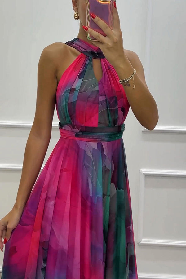 Elaine - Maxi sukienka z tkaniny tiulowej w kwiaty z wycięciami i wiązaniem na szyi