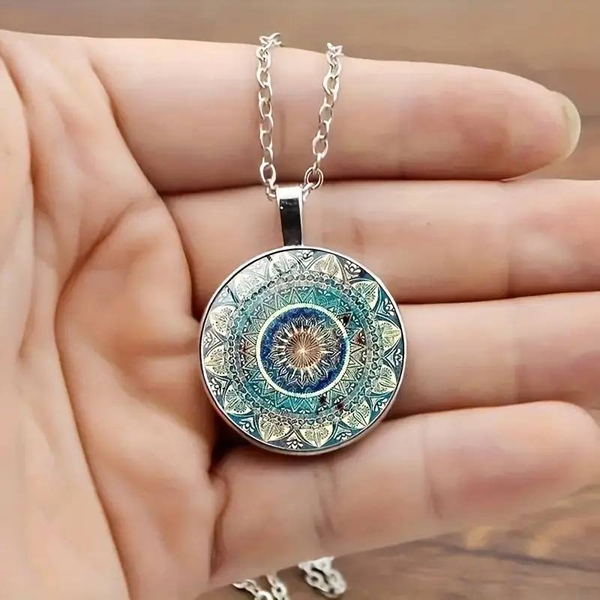 Wintage Okrągły Niebieski Naszyjnik Mandala