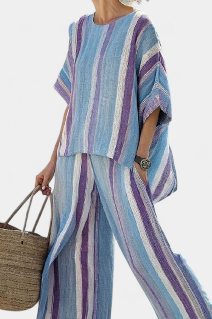 Elegancki zestaw Daisy w paski w odcieniach mauve i pastelowego niebieskiego dla wyrafinowanego wyglądu