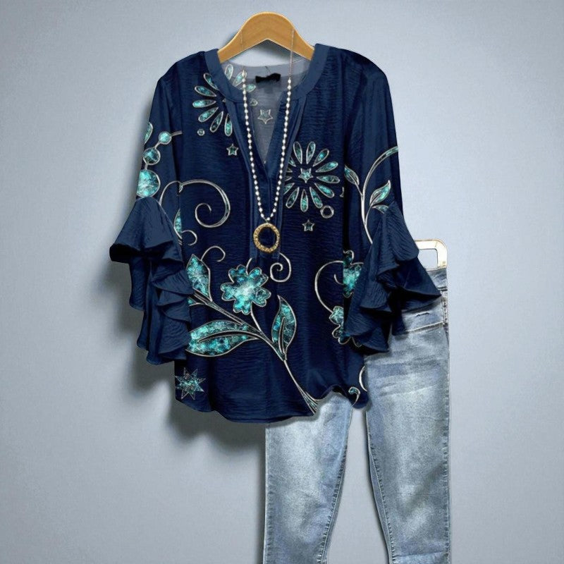 Marcelle – Granatowa Bluzka z Turkusowymi Akcentami Kwiatowymi