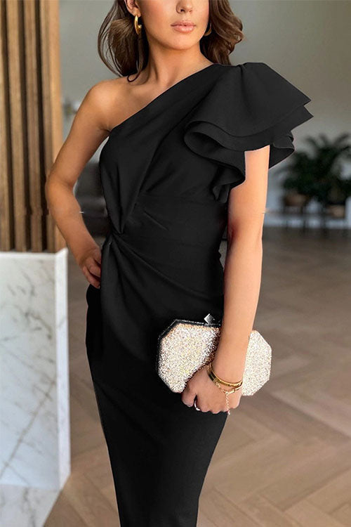 Caz - Sukienka bez ramiączek z falbanami i rozcięciem