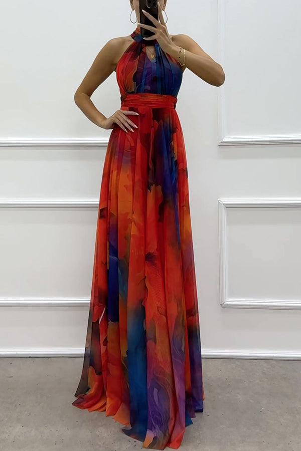 Elaine - Maxi sukienka z tkaniny tiulowej w kwiaty z wycięciami i wiązaniem na szyi