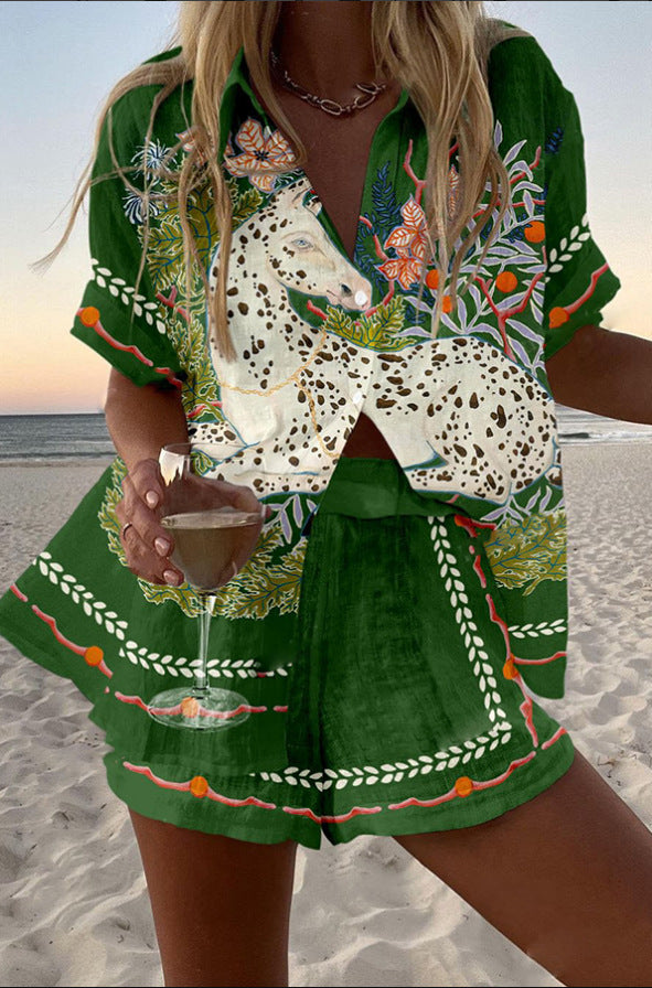 Céphira™ | Krótki zestaw lniany z nadrukiem koni